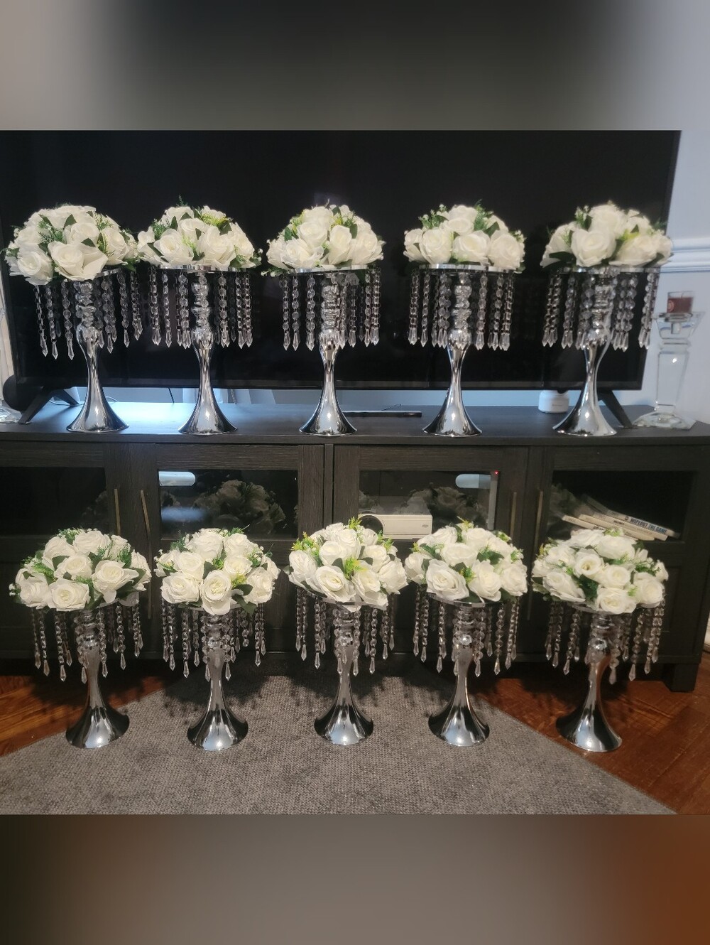 Silver Crystal Beaded Pedestal Vases with White Rose Arrangement